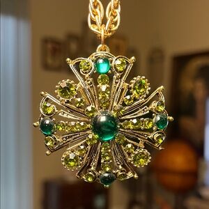 VTG Maltese Cross Large Gold Plated Green Rhinestone Statement Pendant Necklace